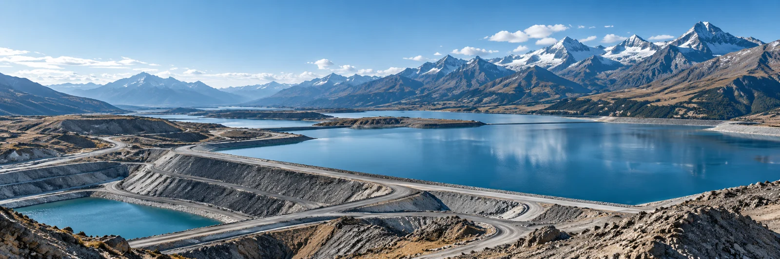 Illustrative alpine landscape with terraced embankments and blue water